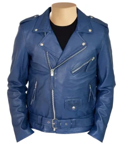 Classic Blue Biker Style Leather Jacket