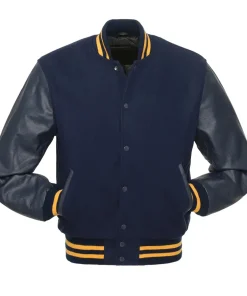 Alternative view of Navy with Gold Knit Trim Varsity Jacket