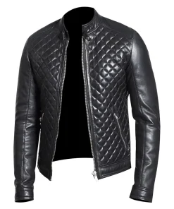 Mens Slim Fit Quilted Biker Leather Jacket